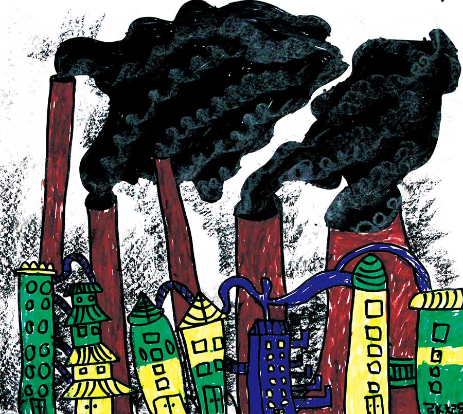 城市大气污染 作品解读: 本次课主要围绕大气污染进行绘画主题的展开