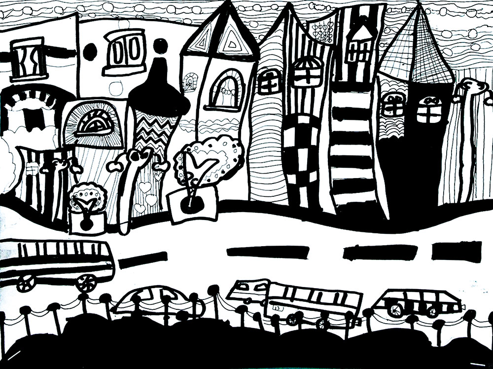 少儿美术基础线描作品:《现代都市》