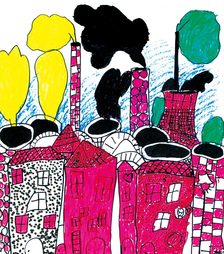 作品名称:城市大气污染作品解读:本次课主要围绕大气污染进行绘画主题